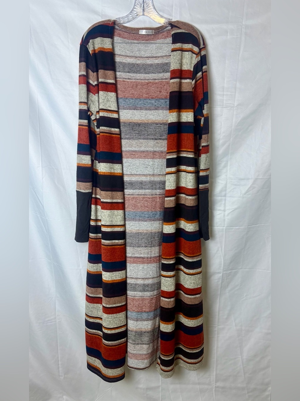 Long Striped Open-Front Cardigan in Multi Rust & Navy